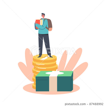 Savings or Loan for Education. Tiny Student Male Character with Backpack and Books Stand on Huge Pile of Coins or Bills Savings or Loan for Education. Tiny Student Male Character with Backpack and Books Stand on Huge Pile of Coins or Bills 87488992