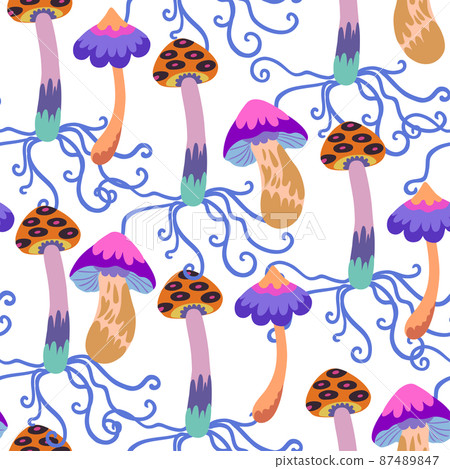 Seamless pattern with psychedelic and fairy colorful mushrooms. Vector hand drawn illustration. 87489847