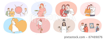 Set of young pregnant woman and man wait for infant  87489876
