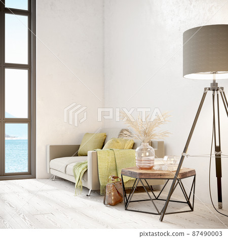 Modern beautiful interior with a white wall, carpet and a stylish sofa. Light Scandinavian design. 3D rendering 87490003