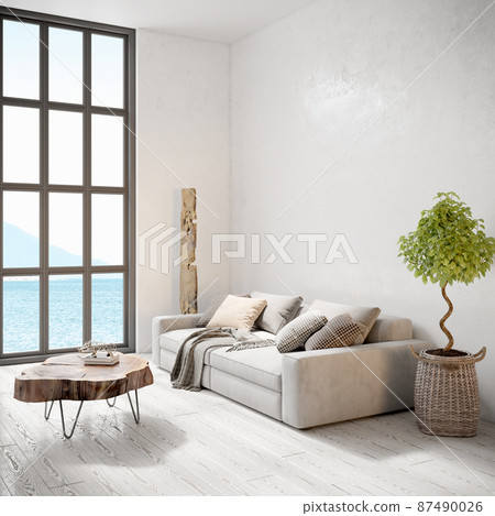 Modern beautiful interior with a white wall, carpet and a stylish sofa. Light Scandinavian design. 3D rendering Modern beautiful interior with a white wall, carpet and a stylish sofa. Light Scandinavian design. 3D rendering 87490026