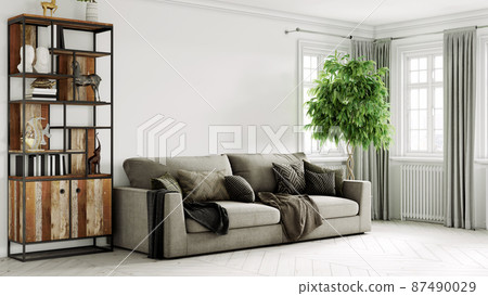 Beautiful interior of a modern room. Bright and clean design. A sofa standing by a large window against a wall background. 3D rendering Beautiful interior of a modern room. Bright and clean design. A sofa standing by a large window against a wall background. 3D rendering 87490029