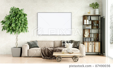 Modern interior of a room with an empty painting. Sofa and large window, wooden floor and wall. Clean lines of interior design. 3D rendering Modern interior of a room with an empty painting. Sofa and large window, wooden floor and wall. Clean lines of interior design. 3D rendering 87490036
