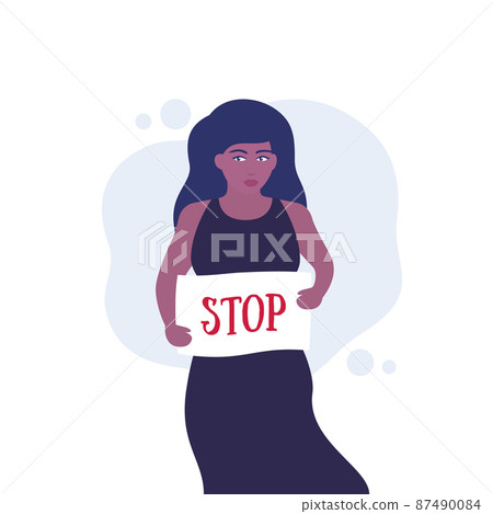 protester, woman activist with stop placard vector 87490084