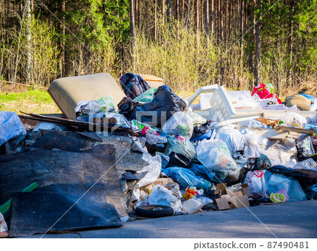 Dump, garbage in the nature, ecological disasters in the forest 87490481