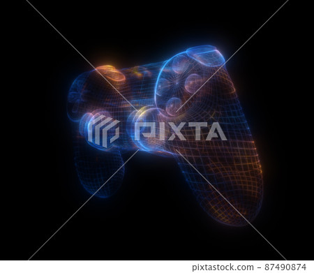 Video game controllers made of multicolored particles on black background 87490874