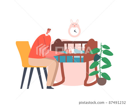 Single Father Character Sitting near Cradle with Little Baby. Happy Family of Parent with Kid Spending Time Together 87491232