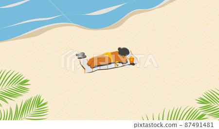 The woman lay on the beach relaxing to sunbathe and recharge herself. and far from people. cartoon illustration vector banner. The woman lay on the beach relaxing to sunbathe and recharge herself. and far from people. cartoon illustration vector banner. 87491481