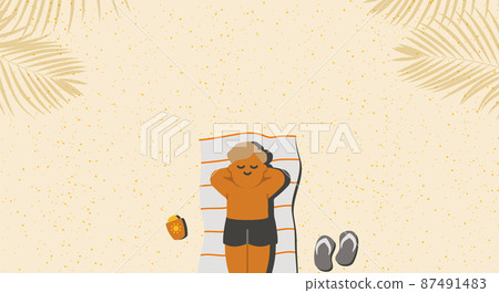 The man lay on the beach relaxing to sunbathe and recharge himself. and far from people. cartoon illustration vector banner. The man lay on the beach relaxing to sunbathe and recharge himself. and far from people. cartoon illustration vector banner. 87491483