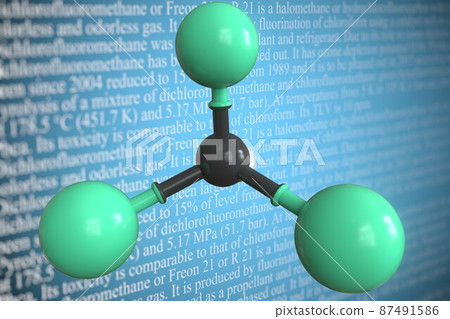 Dichlorofluoromethane scientific molecular model, 3D rendering Dichlorofluoromethane scientific molecular model, 3D rendering 87491586