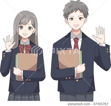 Student waving with a booklet Men's and women's blazer clothes check 87491767