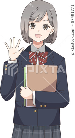 Female student waving with a booklet Blazer clothes ribbon Female student waving with a booklet Blazer clothes ribbon 87491771