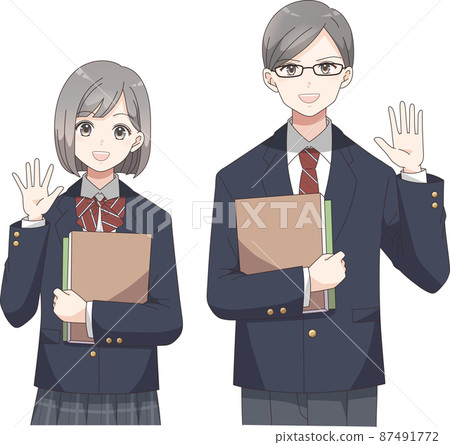 Student waving with a booklet Men's and women's blazer clothes check Student waving with a booklet Men's and women's blazer clothes check 87491772