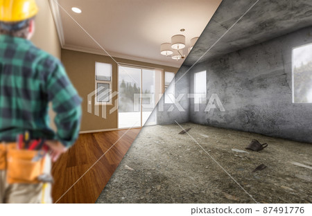 Contractor Facing Newly Remodeled and Raw Unfinished Room of House. Contractor Facing Newly Remodeled and Raw Unfinished Room of House. 87491776