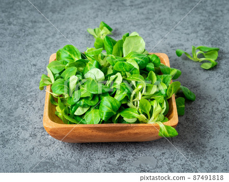Wooden bowl with corn salad leaves, lamb's lettuce on gray stone background, side view. Wooden bowl with corn salad leaves, lamb's lettuce on gray stone background, side view. 87491818