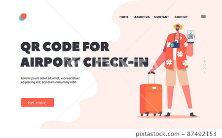 Vaccine Passport for Airport Check-in Landing Page Template. Traveler Man with Suitcase Show Qr Code of Vaccination 87492153