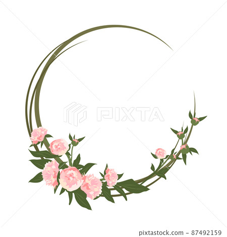 A wreath of peonies. Round frame, pink cute flowers and leaves. Spring pink blooming composition with buds. Holiday decorations for wedding, holiday, postcard, poster and design. Vector illustration A wreath of peonies. Round frame, pink cute flowers and leaves. Spring pink blooming composition with buds. Holiday decorations for wedding, holiday, postcard, poster and design. Vector illustration 87492159
