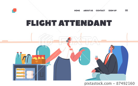 Flight Attendant Landing Page Template. Airline Service, Stewardess Offer Drinks on Trolley for Businessman on Chair 87492160