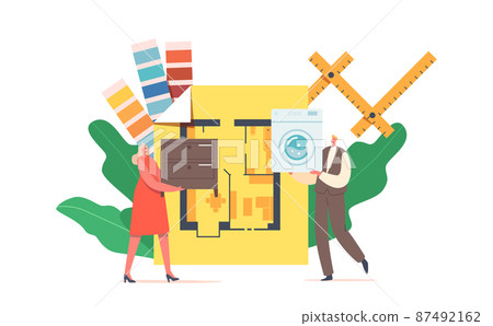 Tiny Male and Female Characters Holding Dresser and Washing Machine at Huge Apartment Layout with Room Plan, Designer Tiny Male and Female Characters Holding Dresser and Washing Machine at Huge Apartment Layout with Room Plan, Designer 87492162