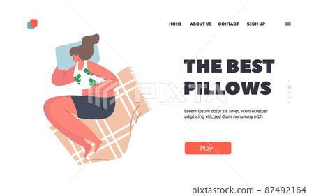 The Best Pillows Landing Page Template. Girl Sleep on Side with Bent Legs. Female Character Sleeping Embryo Pose 87492164