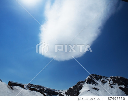 Rocky Mountains ski resort Gorky-gorod. Skiers on the mountain. Cloud trace of metiorite. Russia Sochi 87492330