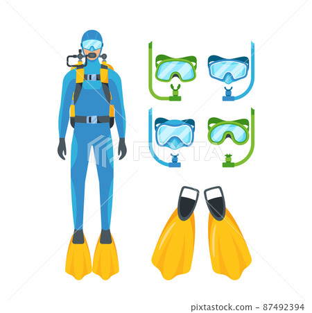 Set of Icons Snorkeling Masks, Scuba Diving Equipment Design Elements. Diver Wear Costume, Glasses and Balloons 87492394