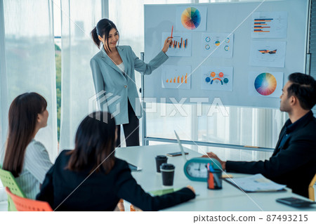 Business people proficiently discuss work project while sitting in circle 87493215