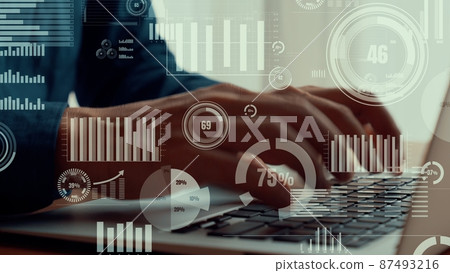 Businessman uses capable laptop computer to analyze business data analytic Businessman uses capable laptop computer to analyze business data analytic 87493216