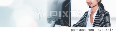 Call center or customer support agent in broaden view panorama banner Call center or customer support agent in broaden view panorama banner 87493217