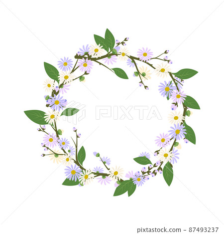 Daisy wreath. Round frame, cute purple and white flowers chamomile with yellow hearts. Festive decorations for wedding, holiday, postcard, poster and design. Vector flat illustration 87493237