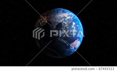 Planet earth with realistic geography surface and orbital 3D cloud atmosphere Planet earth with realistic geography surface and orbital 3D cloud atmosphere 87493313