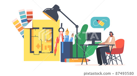 Digital Art Sketching, Drawing Artwork Concept. Creative Graphic Designer Female Character Create Design of Apartment 87493580