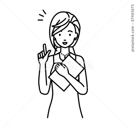 A woman in a dress standing up and holding a document in her hand A woman in a dress standing up and holding a document in her hand 87493875