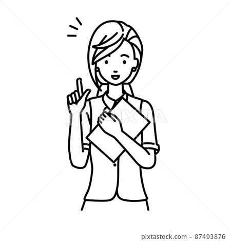 一個身著文員制服的女人站起來,手裡拿著一份文件 一個身著文員制服的女人站起來,手裡拿著一份文件 87493876