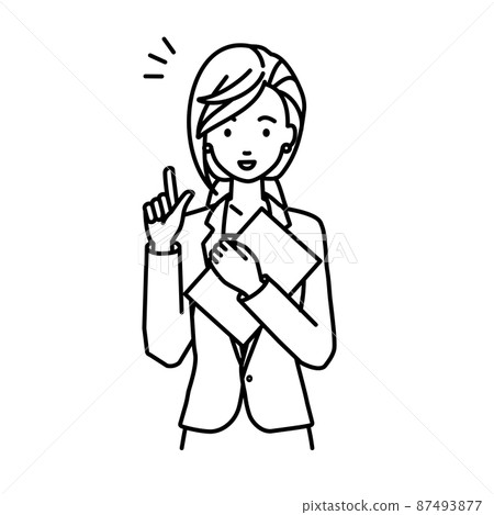 A woman in a suit standing up and holding a document in her hand A woman in a suit standing up and holding a document in her hand 87493877