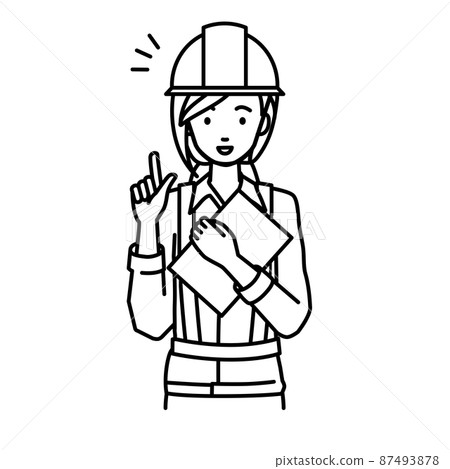 A woman at a construction site who stood up and held a document in her hand A woman at a construction site who stood up and held a document in her hand 87493878