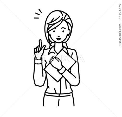 A woman in a blouse who stood up and held a document in her hand 87493879