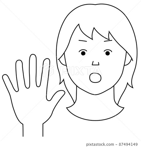 Illustration of a woman with one hand sticking out to indicate "NO" (white background, vector, line drawing, clipping) 87494149