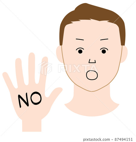 Illustration of a man with one hand sticking out to indicate "NO" (white background, vector, clipping) 87494151