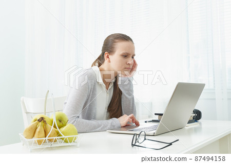 Distance education for students. Quarantine, self-isolation, sociophobia. Young girl listens 87494158