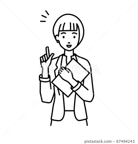 A woman in a jacket standing up and holding a document in her hand A woman in a jacket standing up and holding a document in her hand 87494243