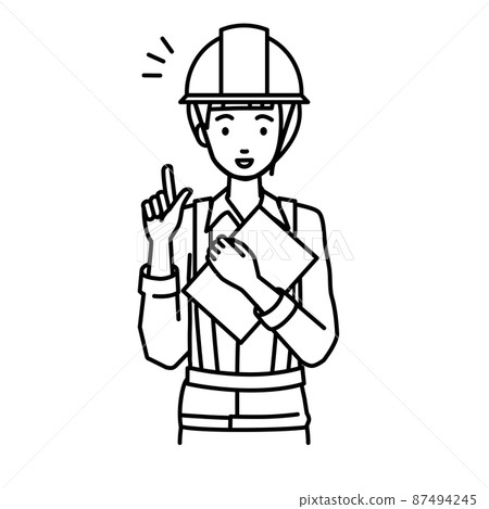 A woman at a construction site who stood up and held a document in her hand A woman at a construction site who stood up and held a document in her hand 87494245