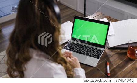 Young business woman with her laptop - green screen display Young business woman with her laptop - green screen display 87494346