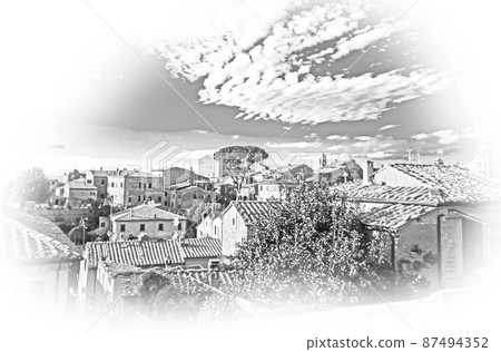 Aerial view over the historic city center of Volterra - a village in the Tuscany - travel Aerial view over the historic city center of Volterra - a village in the Tuscany - travel 87494352
