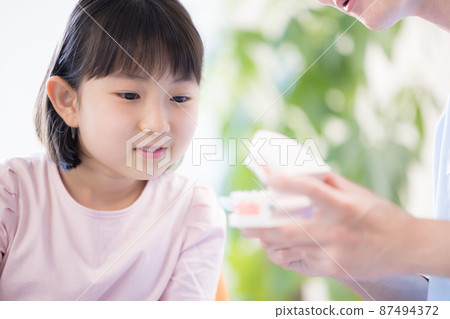 Girl receiving tooth brushing instruction from a dentist 87494372