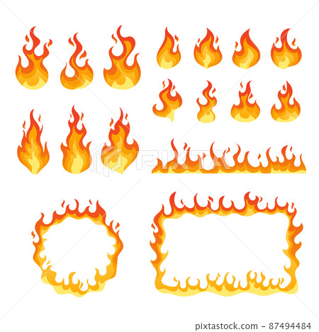 Set of Fire, Campfire, Flame Round and Rectangular Borders. Isolated Torch Flame, Burning Bonfire Blaze. Glowing Flare 87494484