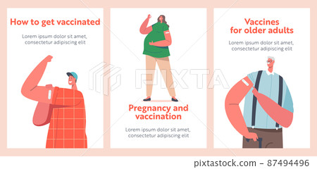Immunization, Vaccination, Health Care Banners. Group of Vaccinated People Show Patch and Positive Gesture, Diverse Immunization, Vaccination, Health Care Banners. Group of Vaccinated People Show Patch and Positive Gesture, Diverse 87494496