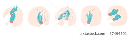 Set of Doctor or Nurse Hands with Syringe Isolated on White Background. Human Gloved Palms Holding Squirt with Vaccine Set of Doctor or Nurse Hands with Syringe Isolated on White Background. Human Gloved Palms Holding Squirt with Vaccine 87494501
