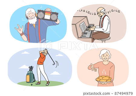 Set of happy older people enjoy maturity 87494979