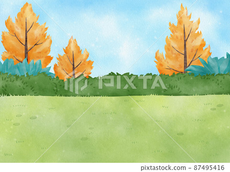 Forest silhouette scene. Landscape with coniferous trees. Beautiful green view watercolor. 87495416